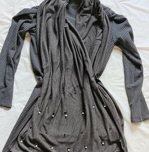J. Jill Gray Striped Charcoal and Gray Long Sleeve Dress & Coordinated Shawl. M.